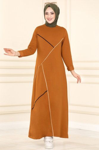 moda selvim Biye Detaylı Tesettür Elbise 7047NZR779 Taba - Thumbnail