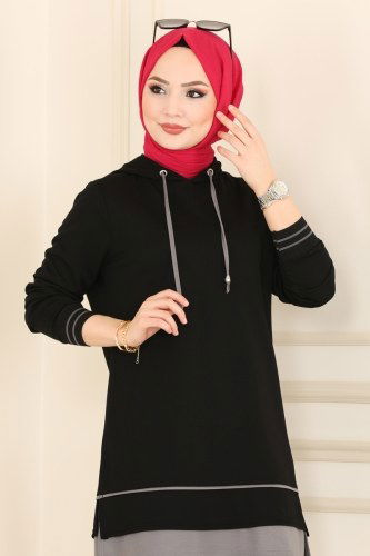 moda selvim Biye Detaylı Tesettür Takım 2441SL432 Siyah&Gri - Thumbnail