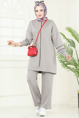 moda selvim Biye Detaylı Tesettür Takım 2707AYD574 Gri - Thumbnail