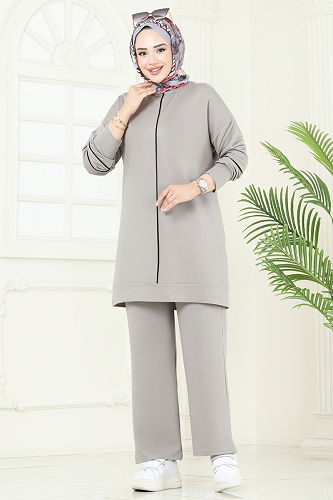 moda selvim Biye Detaylı Tesettür Takım 2707AYD574 Gri - Thumbnail