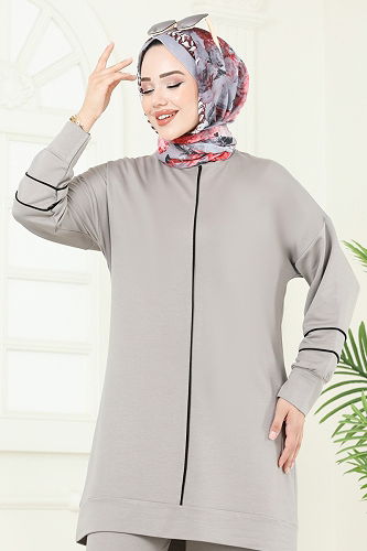 moda selvim Biye Detaylı Tesettür Takım 2707AYD574 Gri - Thumbnail