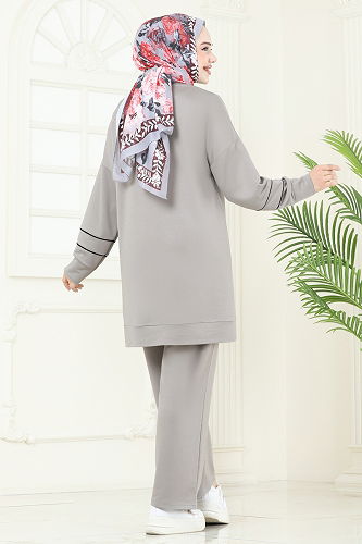 moda selvim Biye Detaylı Tesettür Takım 2707AYD574 Gri - Thumbnail