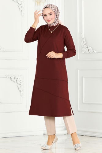 moda selvim Biye Detaylı Tesettür Tunik 2673AYD574 Bordo - Thumbnail