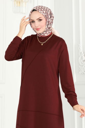 moda selvim Biye Detaylı Tesettür Tunik 2673AYD574 Bordo - Thumbnail