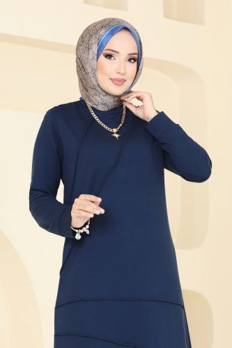 moda selvim Biye Detaylı Tesettür Tunik 2673AYD574 Koyu Laci - Thumbnail