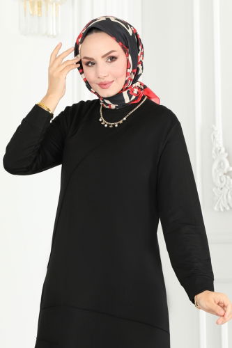 moda selvim Biye Detaylı Tesettür Tunik 2673AYD574 Siyah - Thumbnail