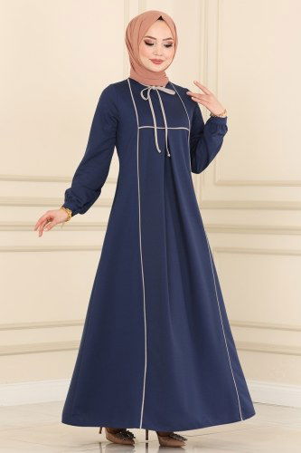 moda selvim Biyeli Tesettür Elbise 2451SL432 İndigo - Thumbnail