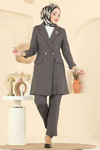 moda selvim Blazer Ceketli Kışlık Takım ASM2657 Kahve - Thumbnail