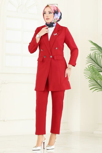moda selvim Blazer Ceketli Tesettür Takım 380MP806 Kırmızı - Thumbnail