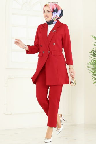 M.P. - Blazer Ceketli Tesettür Takım 380MP806 Kırmızı