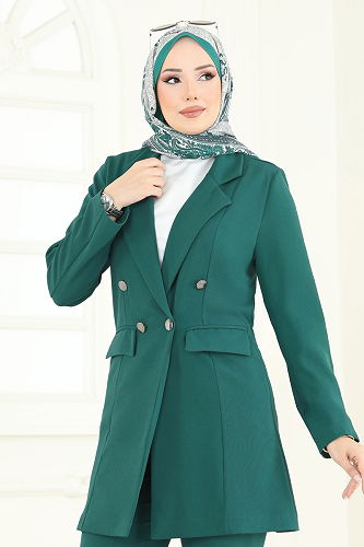 moda selvim Blazer Ceketli Tesettür Takım 380MP806 Zümrüt - Thumbnail