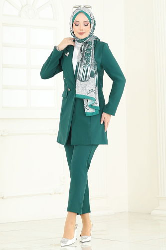 moda selvim Blazer Ceketli Tesettür Takım 380MP806 Zümrüt - Thumbnail
