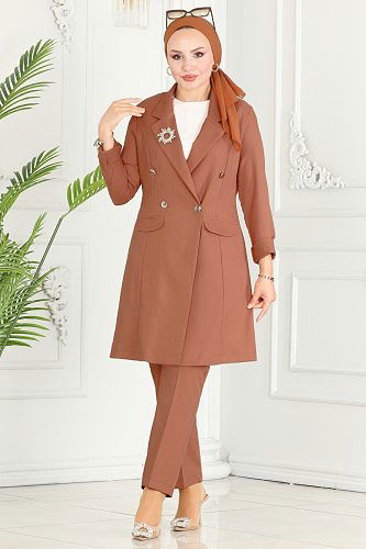 moda selvim Blazer Ceketli Tesettür Takım ASM2605 Taba - Thumbnail