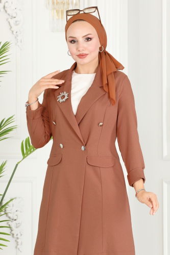 moda selvim Blazer Ceketli Tesettür Takım ASM2605 Taba - Thumbnail