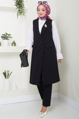 moda selvim Blazer Vest Hijab Suit 3016KTR750 Black - Thumbnail