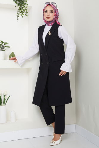 moda selvim Blazer Vest Hijab Suit 3016KTR750 Black - Thumbnail