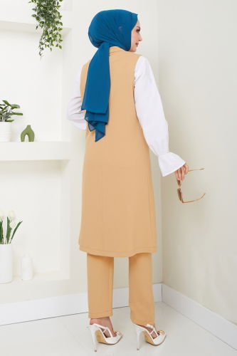 moda selvim Blazer Vest Hijab Suit 3016KTR750 Latte - Thumbnail