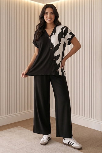 moda selvim بلوز نمط زيبرا وأسود 46165JNT1202 - Thumbnail