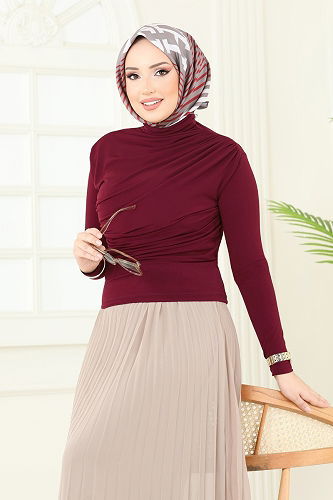 moda selvim Blouse 4725AYD574 Burgundy - Thumbnail