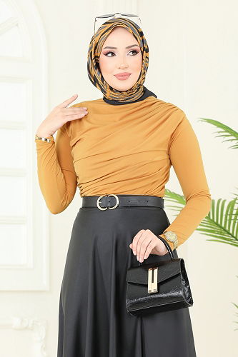 moda selvim بلوز خردلي غامق 4725AYD574 - Thumbnail