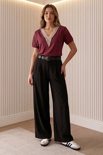 moda selvim بلوز خمري 62256JNT1202 - Thumbnail
