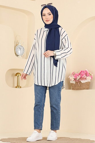 moda selvim البلوز والقمصان كحلي 182NZRK1200 - Thumbnail