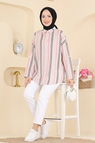 moda selvim Blouses and Shirts 185NZRK1200 Navy & Pink - Thumbnail