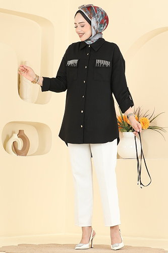 moda selvim Blouses and Shirts 2929SLK540 Black - Thumbnail