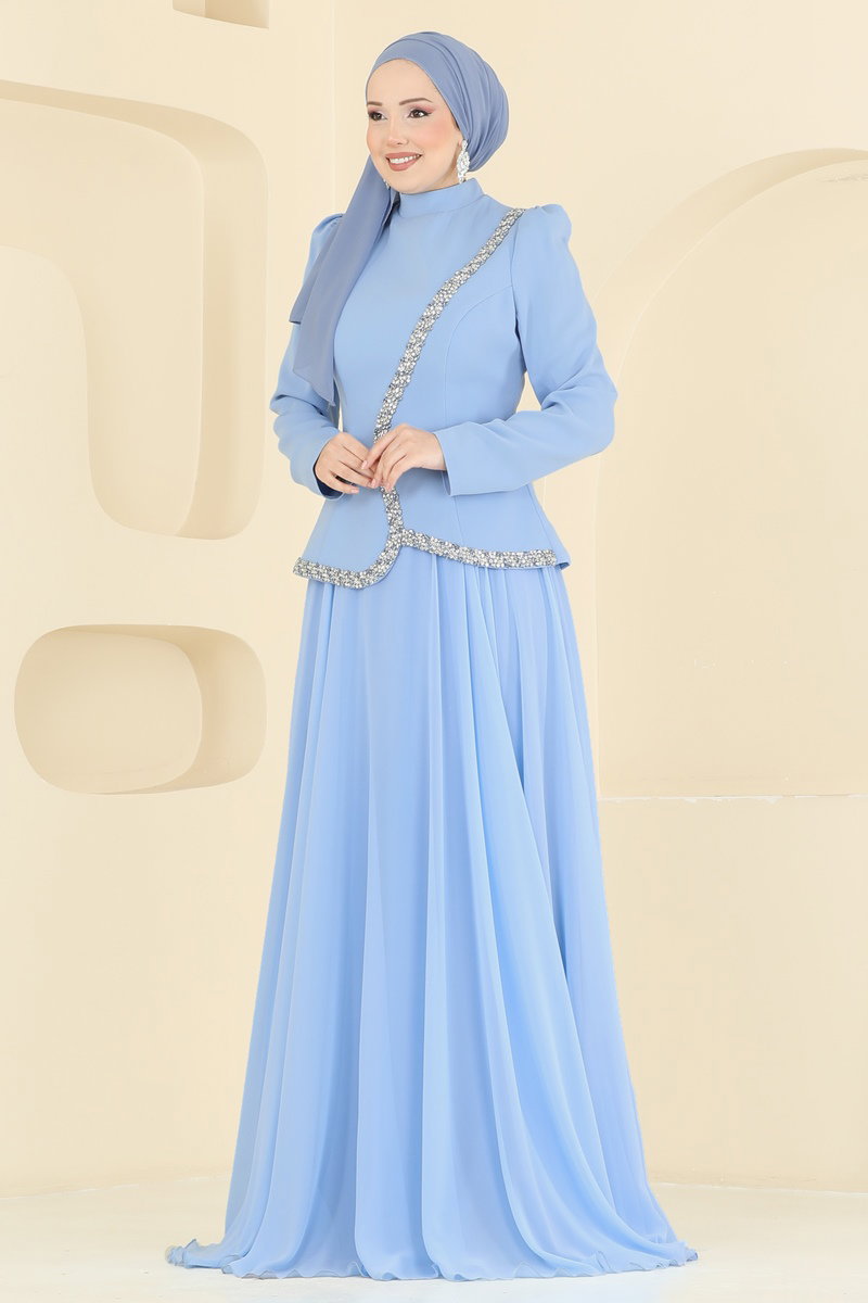Bluz Görünümlü Şifon Abiye 202DMNK1166 Bebe Mavisi