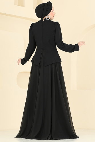 moda selvim Bluz Görünümlü Şifon Abiye 202DMNK1166 Siyah - Thumbnail
