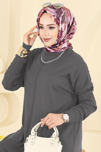 moda selvim Boğazlı İkili Triko Takım 2737AYD574 Füme - Thumbnail