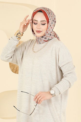 moda selvim Boğazlı İkili Triko Takım 2737AYD574 Taş - Thumbnail