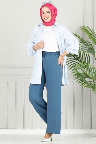 moda selvim Bol Paça Aerobin Pantolon 4053PM271 İndigo - Thumbnail