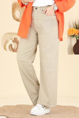 moda selvim Bol Paça Kot Pantolon 3326LD1070 Taş - Thumbnail