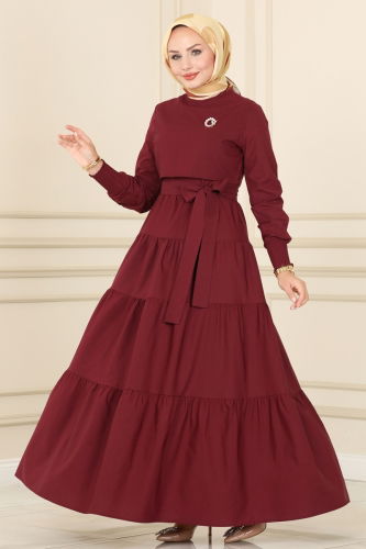 moda selvim Bolero Detail Hijab Dress ASM2610-1 Burgundy - Thumbnail