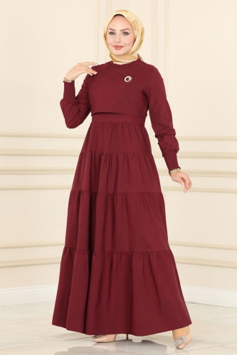 moda selvim Bolero Detail Hijab Dress ASM2610-1 Burgundy - Thumbnail