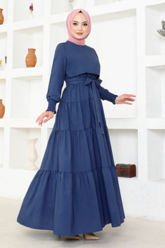 moda selvim Bolero Detail Hijab Dress ASM2610-1 Indigo - Thumbnail