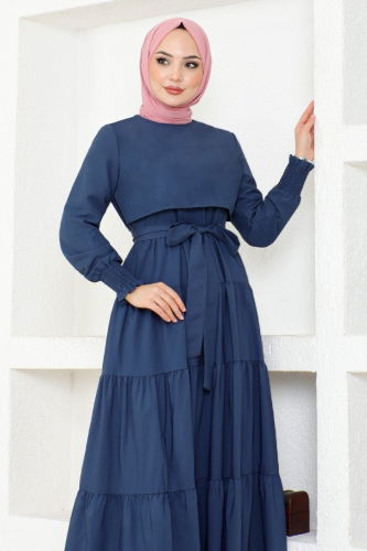 moda selvim Bolero Detail Hijab Dress ASM2610-1 Indigo - Thumbnail