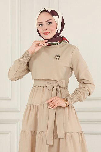 moda selvim الفستان بيج فاتح ASM2610 - Thumbnail