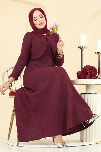 moda selvim Bolero Detay Aksesuarlı Elbise 6251BSK463 Bordo - Thumbnail