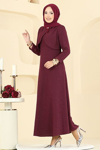 moda selvim Bolero Detay Aksesuarlı Elbise 6251BSK463 Bordo - Thumbnail