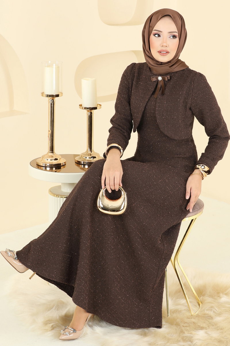Bolero Detay Aksesuarlı Elbise 6251BSK463 Kahve