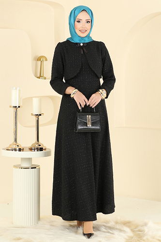 moda selvim Bolero Detay Aksesuarlı Elbise 6251BSK463 Siyah - Thumbnail