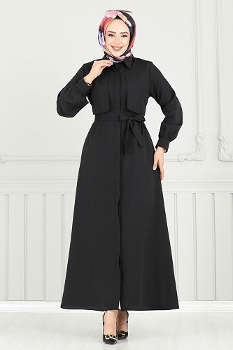 moda selvim Bolero Detay Elbise Ferace 019MR1078 Siyah - Thumbnail