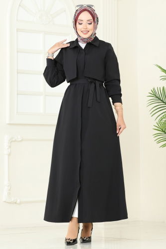 moda selvim Bolero Detay Elbise Ferace 7010UZ662 Siyah - Thumbnail