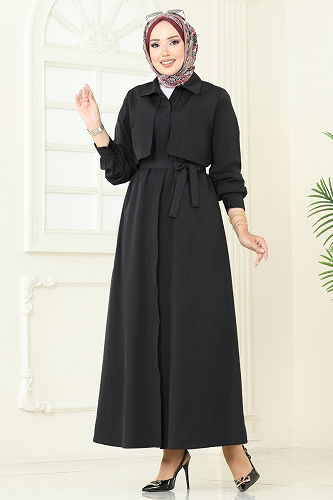 moda selvim Bolero Detay Elbise Ferace 7010UZ662 Siyah - Thumbnail