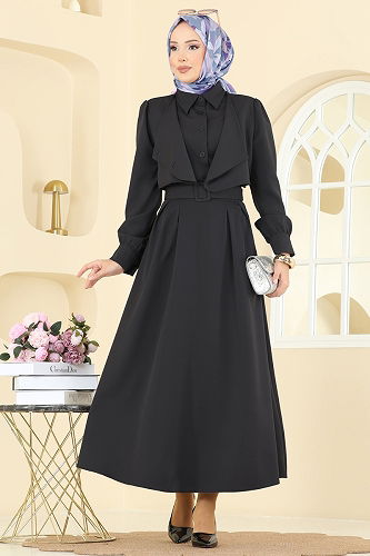 moda selvim Bolero Detay Etekli Takım 2745SL432 Siyah - Thumbnail