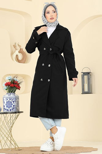 moda selvim Bolero Detay Kuşaklı Trençkot 039OZT1013 Siyah - Thumbnail