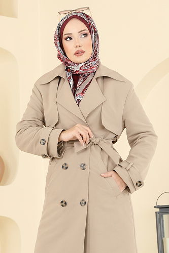 moda selvim Bolero Detay Kuşaklı Trençkot 039OZT1013 Taş - Thumbnail