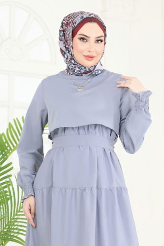 moda selvim Bolero Detay Terikoton Elbise 3042KTR750 Gri - Thumbnail